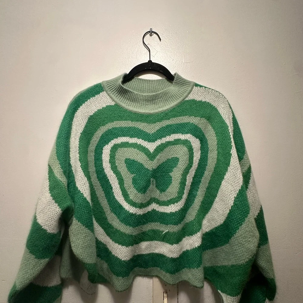 Divided Green and White Butterfly Sweater - Picture 1 of 10